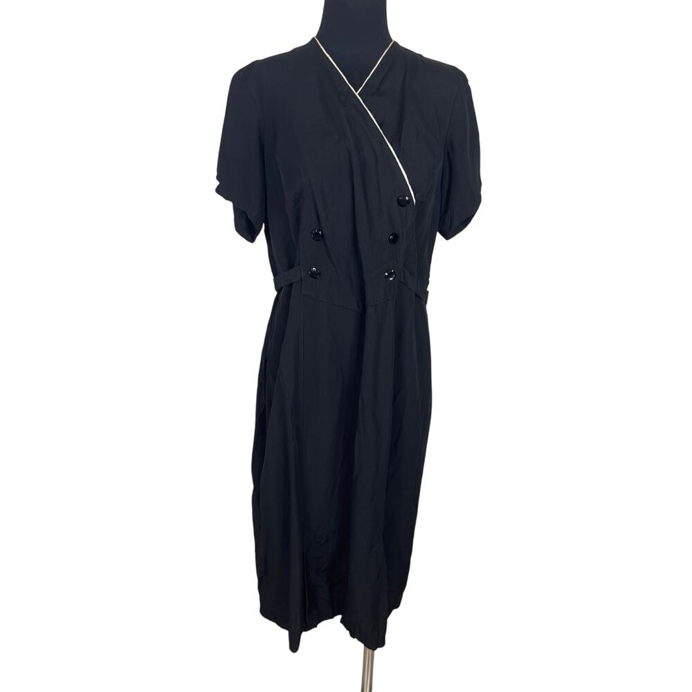 Vtg 1940s Black Rayon Faille Day Dress Hand Stitched Plus Mid Size PRYM Zip L XL